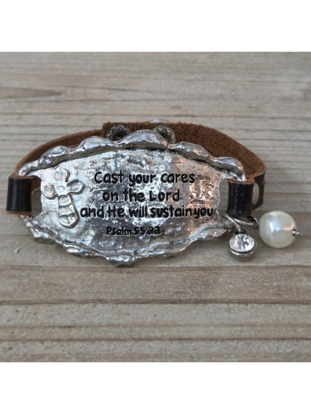Judson & Co Leather Cuff Christian Psalms 55:22 Bracelet Cast Your Cares...
